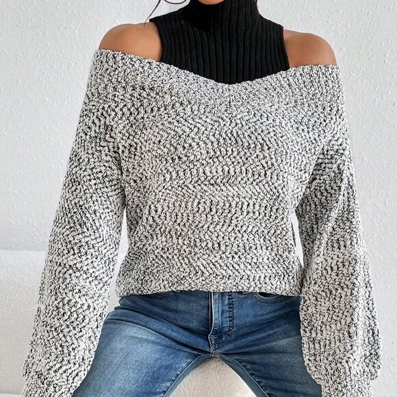 Grey Casual Women's Two Tone Cold Shoulder 2 In 1 Sweater - Picture 4 of 5